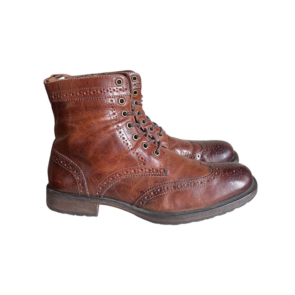 Aston Grey Brown Leather Wingtip Boots Mens 8.5 Side Zip Brogue 108208